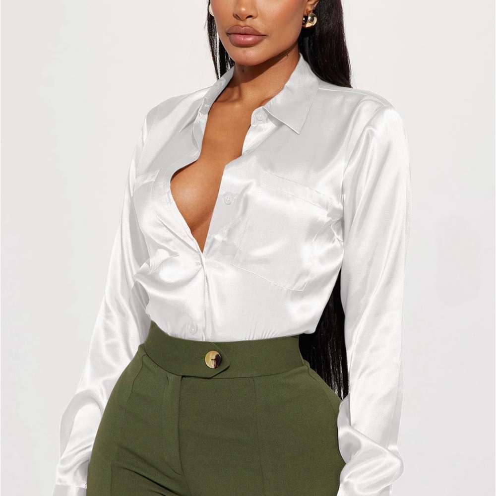 Fashion Nova White Fitted Long Sleeve Button Down